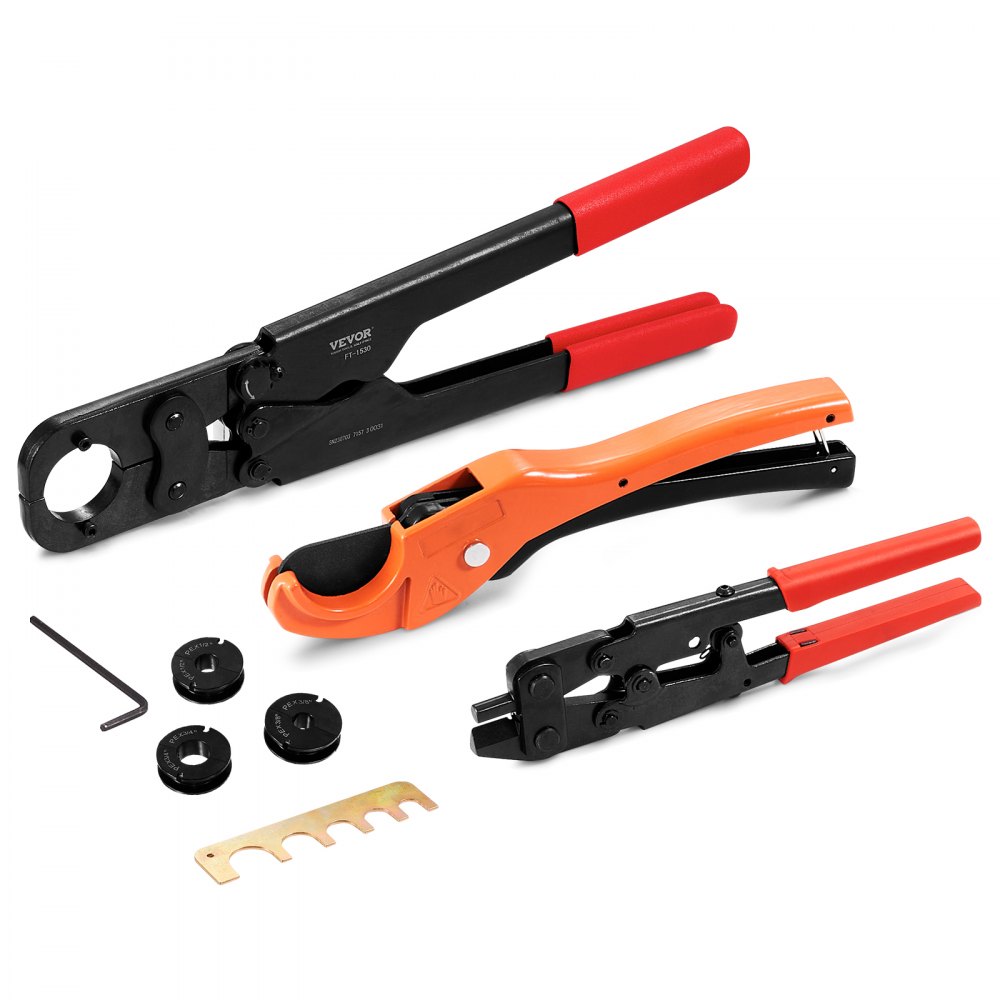 VEVOR PEX Pipe Crimping Tool Kit, Pro Press Crimper for 3/8", 1/2", 3/4" Crimp Rings, with 3 Jaw Dies, PEX Tubing Cutter, Go/No-Go Gauge, Copper Ring Removal Tool, Meets ASTM F1807 Standards - SDSYPEX381234KR5UV0