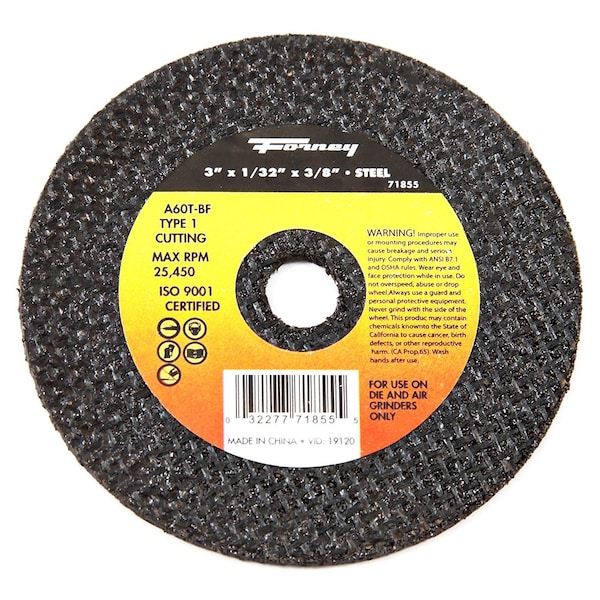 Disco de corte Forney, Metal, Tipo 1, 3 pulgadas x 1/32 pulgadas x 3/8 pulgadas - 71855