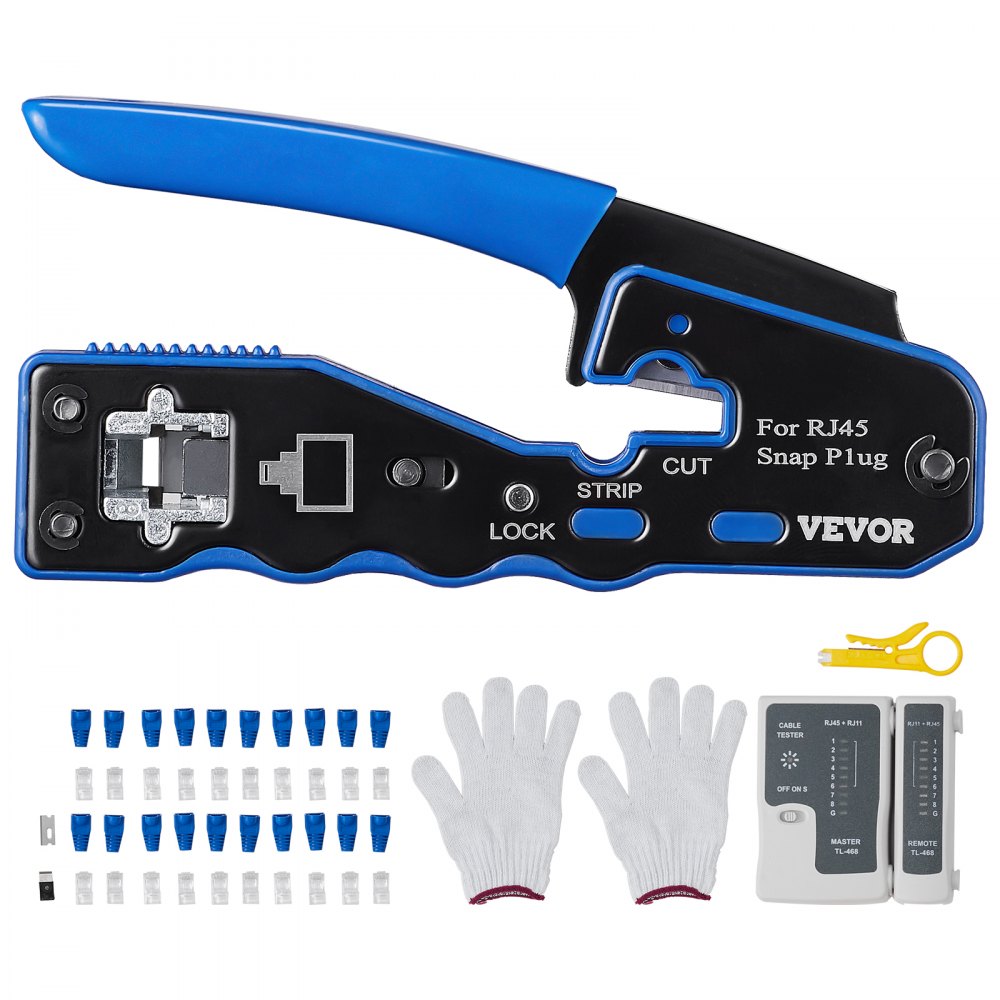 VEVOR RJ45 Crimp Tool Kit, Cat5e/Cat6/Cat6a Pass Through Ethernet Crimper for 8P8C Modular Plugs with 20pcs Connectors and 20pcs Covers, Wire Stripper and Network Tester - WXYJQWLSJDZ28GPF7V0