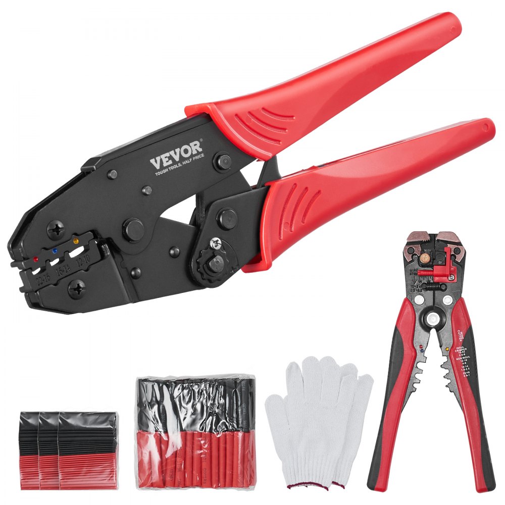VEVOR Ratcheting Crimping Tool Set For Insulated Electrical Connectors AWG22-10 with Wire Stripper and 210pcs Heat Shrink Tubes Labor-Saving Ratcheting Wire Crimp Pliers - DZYJQDXDZ2210FAB1V0