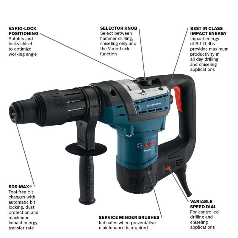 Martillo rotativo SDS-Max de concreto/mampostería con velocidad variable con cable de 12 amp, 1-9/16 pulgadas de Bosch con estuche de transporte - RH540M