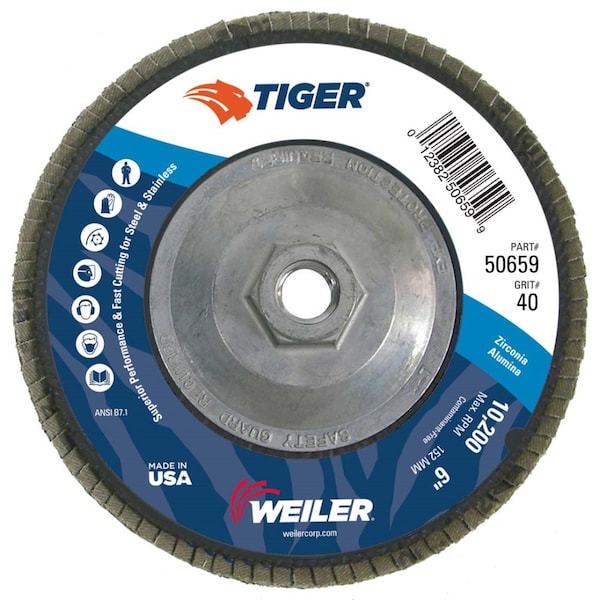 Disco de solapa abrasivo Weiler 6" Tiger Disc, cónico (TY29), 40Z, 5/8"-11 UNC - 50659.