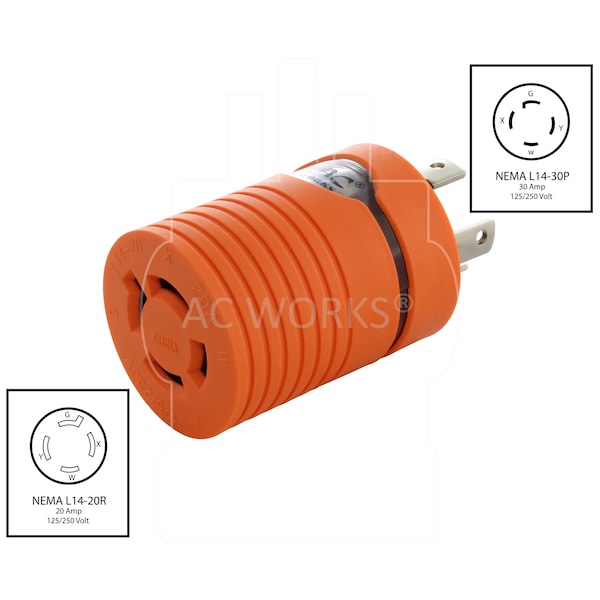 Ac Works 30A 4-Prong 125/250V L14-30P Plug to L14-20R 20A 4-Prong 125/250V Connector - ADL1430L1420