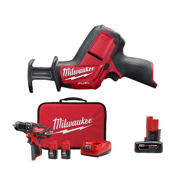Milwaukee Tool Cordless Recip Saw, Drill Kit, 6.0 Bat - 2520-20, 2407-22, 48-11-2460
