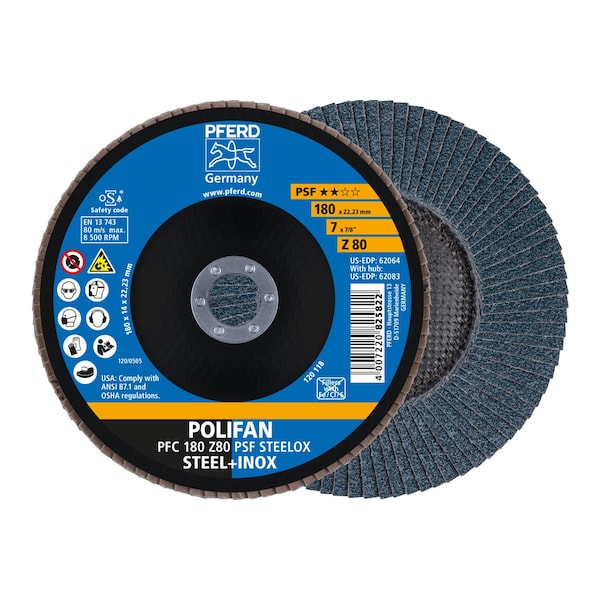 7" x 7/8" A.H. POLIFAN® Disco de láminas - Z PSF STEELOX, Zirconia, 80 Granos, Cónico - 62064