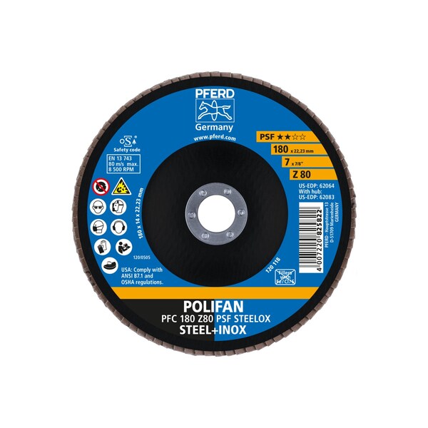 7" x 7/8" A.H. POLIFAN® Disco de láminas - Z PSF STEELOX, Zirconia, 80 Granos, Cónico - 62064