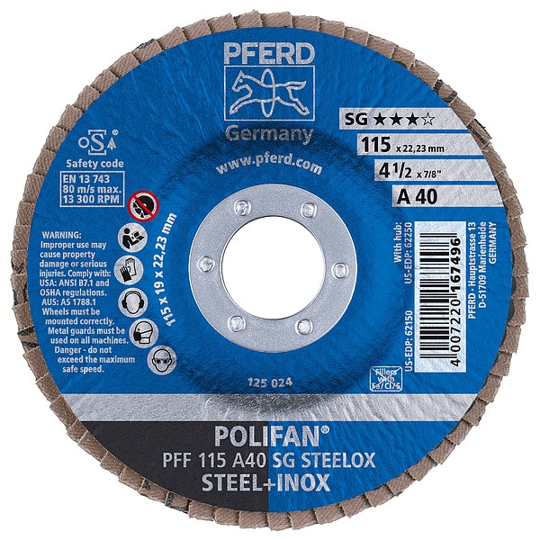 Disco de láminas Pferd 4-1/2" x 7/8" A.H. POLIFAN® - A SG STEELOX, óxido de aluminio, grano 40, plano - 62150