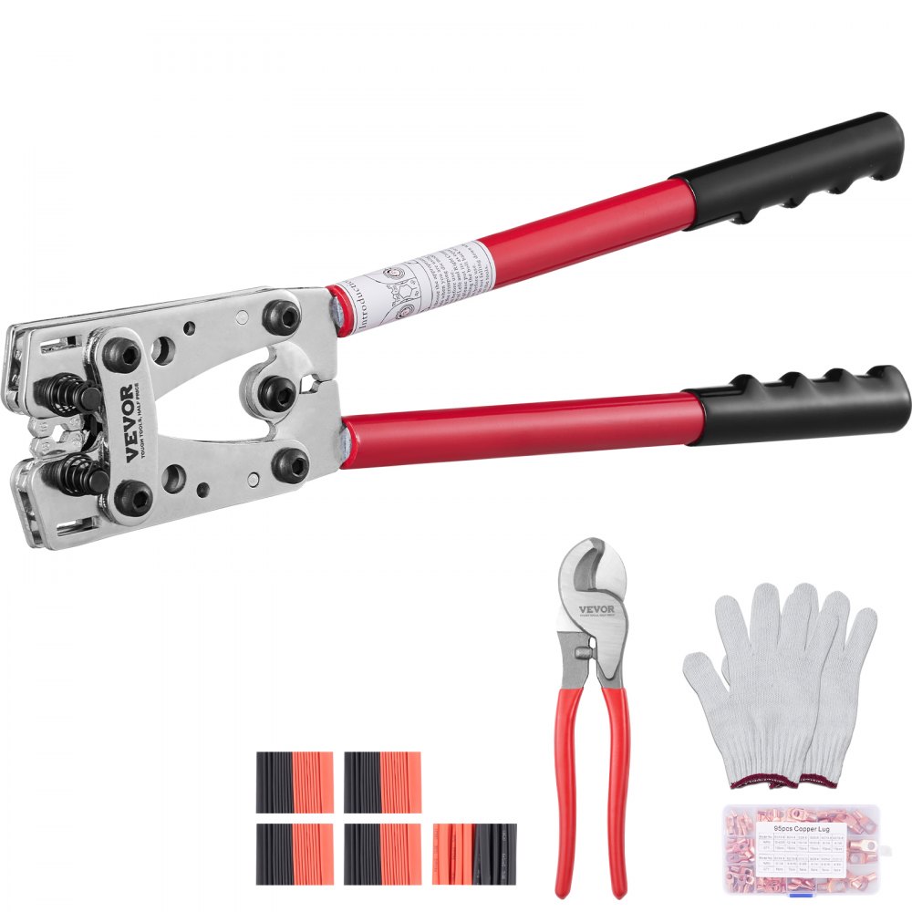 VEVOR Crimping Tool, AWG10-1/0 Copper And Aluminum Terminal Battery Lug Crimper, 6 Wire Sizes Crimping Die, with a Cutting Pliers, Gloves, 95pcs Copper Ring Connectors, and 100pcs Heat Shrink Tubes - DLYJQPJDLJTLDJBJTV0