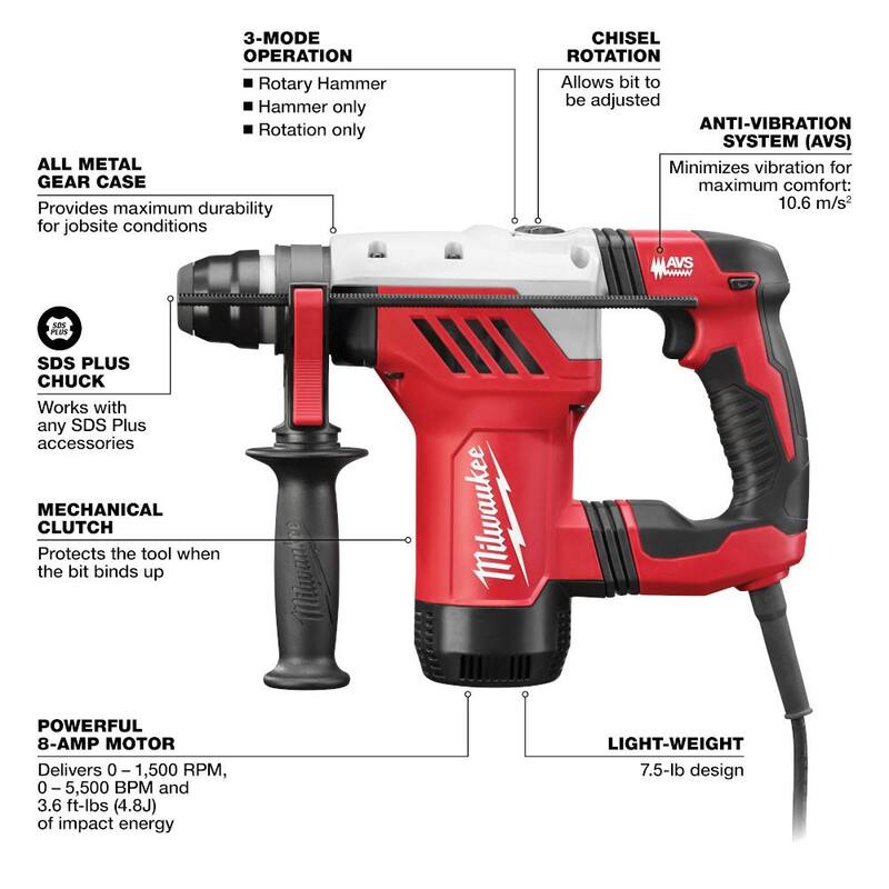 Martillo rotativo con cable SDS-Plus de 1-1/8 pulg. Milwaukee - 5268-21.