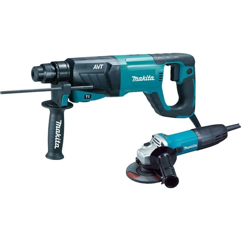 Martillo rotativo SDS-Plus para concreto/mampostería con cable de 1 pulgada y 8 amperes de Makita y esmeriladora angular con cable de 4-1/2 pulgadas en estuche rígido - HR2641X1