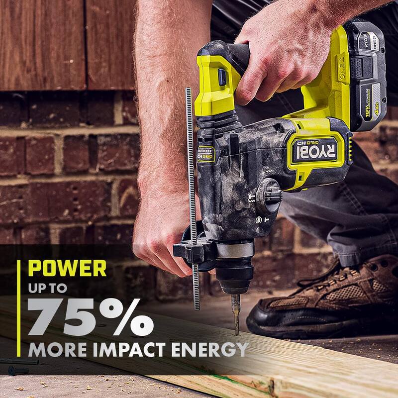 RYOBI ONE+ HP Taladro martillo rotativo sin escobillas inalámbrico de 18V con portabrocas SDS-Plus de 1 pulgada y batería de alto rendimiento de 4.0 Ah de iones de litio - P223-PBP004