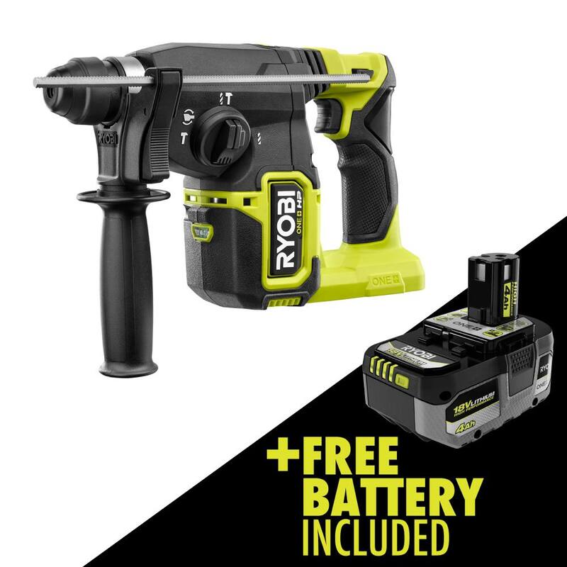 RYOBI ONE+ HP Taladro martillo rotativo sin escobillas inalámbrico de 18V con portabrocas SDS-Plus de 1 pulgada y batería de alto rendimiento de 4.0 Ah de iones de litio - P223-PBP004