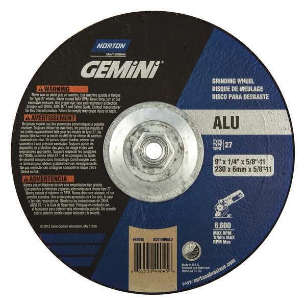 Ruedas de Centro Deprimido Norton Abrasivos, Tipo 27, 9 pulgadas de diámetro, 0.25 pulgadas de grosor, tamaño de agujero de árbol de 5/8"-11, Óxido de aluminio - 66253049045