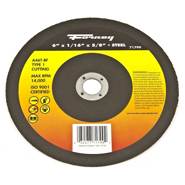 Rueda de corte Forney, Metal, Tipo 1, 6 pulg x 1/16 pulg x 5/8 pulg - 71799