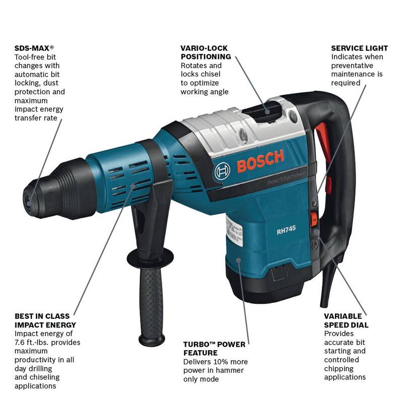 Bosch Taladro Rotativo con Martillo 1-3/4 in. con Cable de Velocidad Variable SDS-Max de 13.5 Amp con Estuche de Transporte - RH745