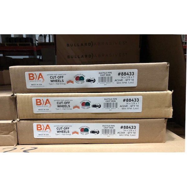Rueda de corte de alta velocidad Bullard Abrasives, 14 x 1/8 x 1, paquete de 10 - 84433
