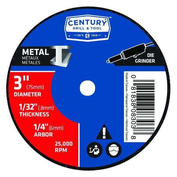 Rueda de corte para metal de Century Drill & Tool, 3x.035 in., Tipo 1A, Tamaño del agujero del eje: 1/4" - 08303