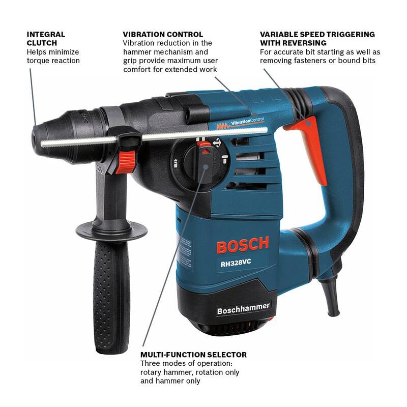 Rotomartillo Bosch de 8 amperes 1-1/8 pulgadas con cable y velocidad variable SDS-Plus para concreto/mampostería, con medidor de profundidad y estuche de transporte - RH328VC.