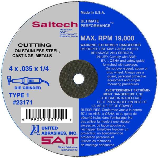 SAIT 23167 Saitech Ultimate Performance™ Thin High Speed Cut-Off Wheels 4" x 1/16" x 1/4", Paquete de 5 - 23167