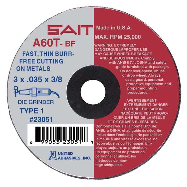 United Abrasives/Sait SAIT 23072 Ruedas de corte de alta velocidad delgadas Burr Free A60T 4" x .035" x 1/4", 1-Pack - 23072