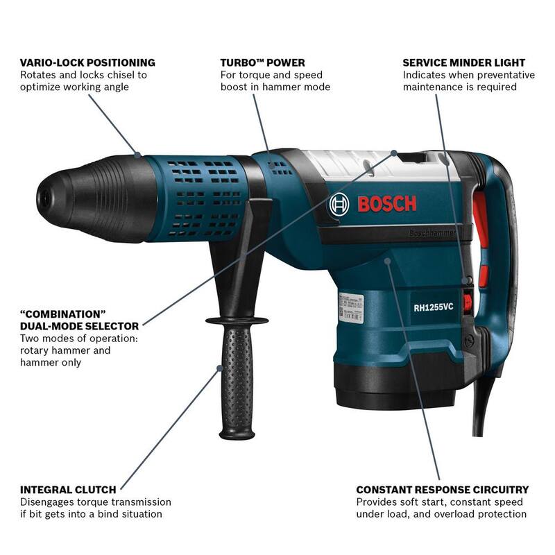 Bosch 15 amperios 2 pulgadas Rotomartillo SDS-Max de velocidad variable con cable para concreto/mampostería con estuche de transporte - RH1255VC