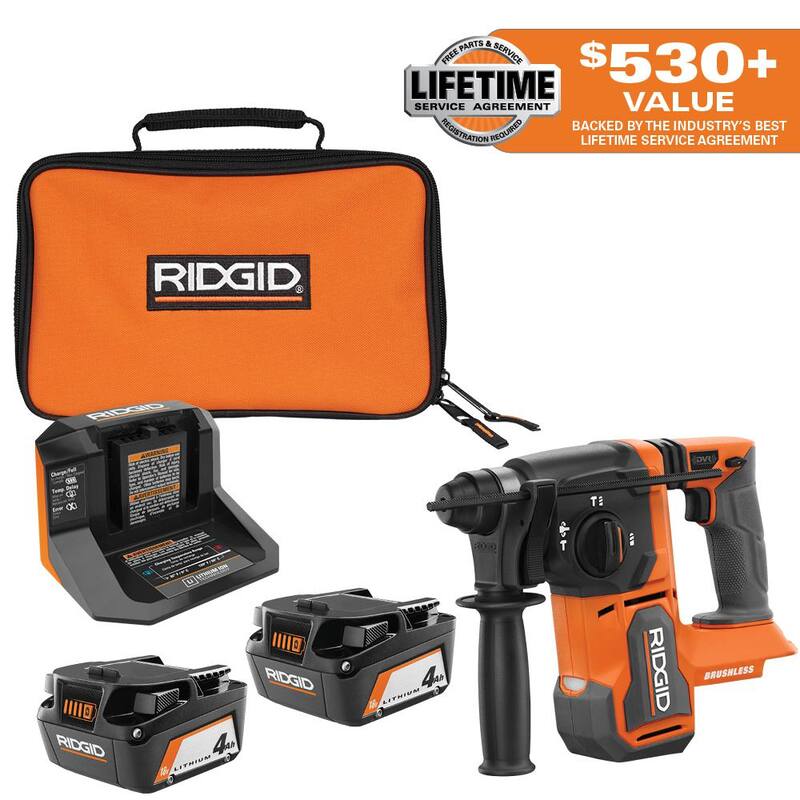 Martillo rotativo inalámbrico RIDGID 18V Brushless de 1 pulgada SDS-Plus con kit de baterías de 18V (2) 4.0 Ah y cargador GRATIS - AC93044SBN-R86712B