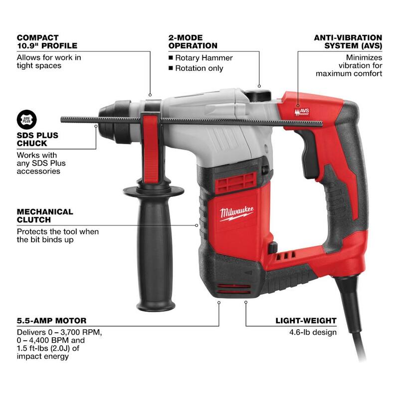 Kit de Taladro Rotativo de Martillo Milwaukee de 5.5 Amp 5/8 pulg. con Cable SDS-plus para Concreto/Mampostería con Estuche - 5263-21