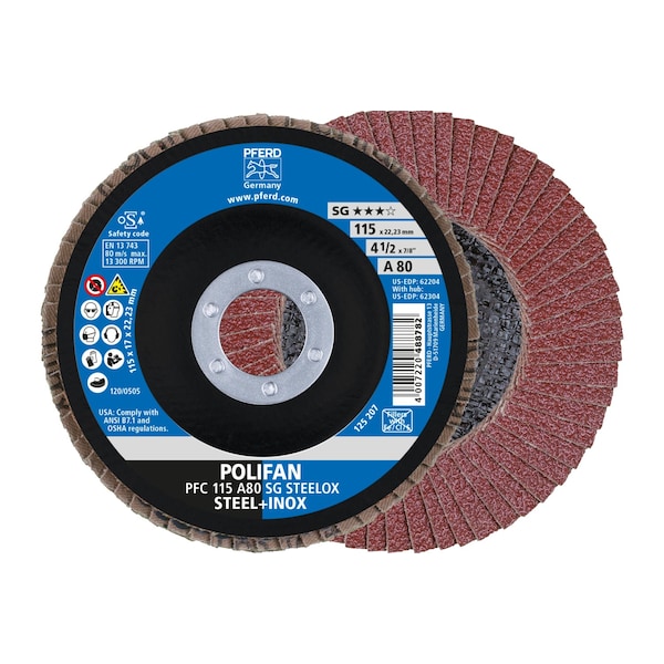 Pferd 4-1/2" x 7/8" A.H. POLIFAN® Disco de láminas - A SG STEELOX, Óxido de aluminio, 80 granos, Cónico - 62204