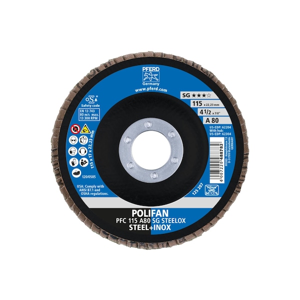 Pferd 4-1/2" x 7/8" A.H. POLIFAN® Disco de láminas - A SG STEELOX, Óxido de aluminio, 80 granos, Cónico - 62204