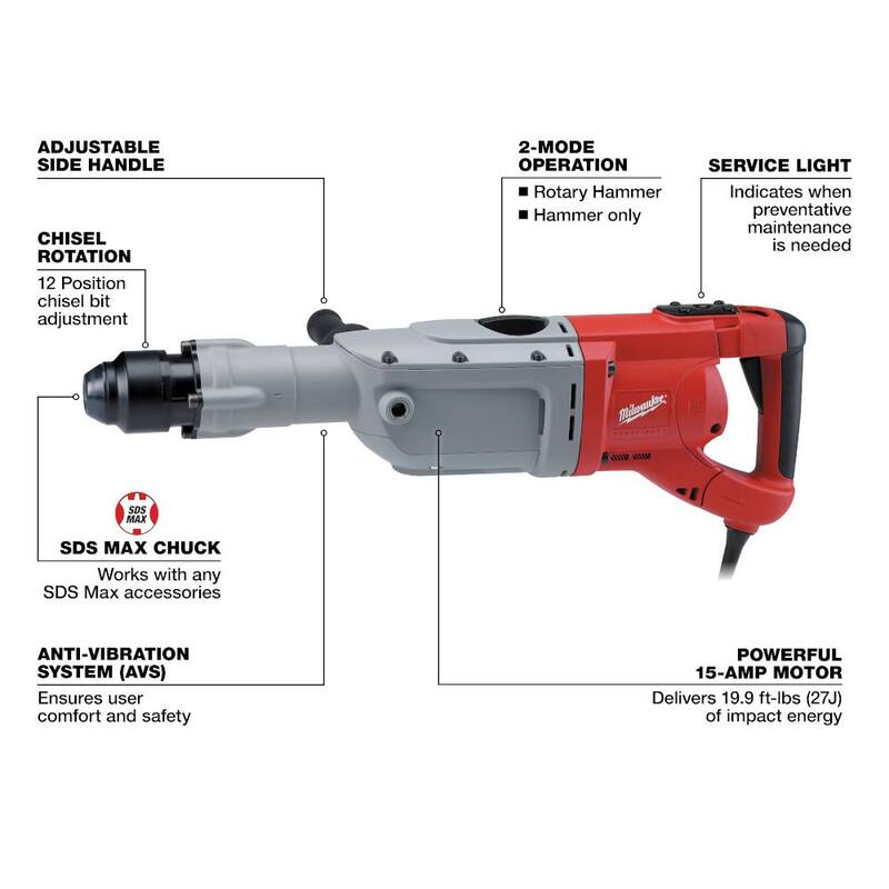 Martillo rotativo Milwaukee de 15 amperes con cable de 2 pulgadas SDS-Max - 5342-21.
