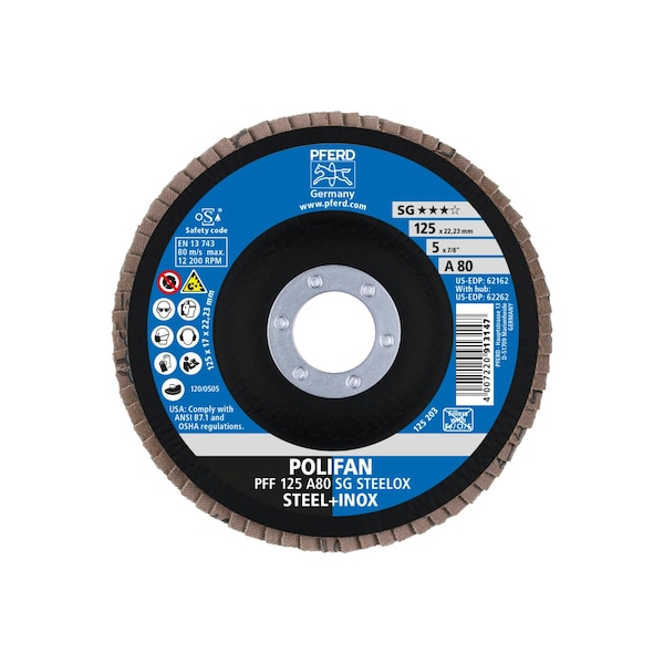 Disco de láminas Pferd 5" x 7/8" A.H. POLIFAN® - A SG STEELOX, Óxido de aluminio, 80 granos, Plano - 62162