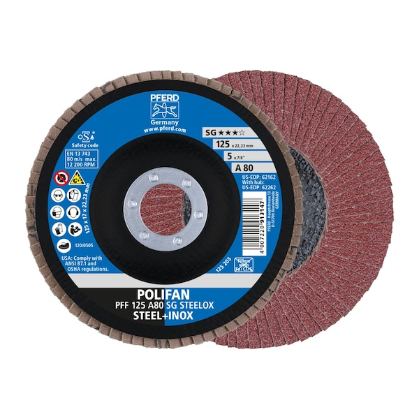 Disco de láminas Pferd 5" x 7/8" A.H. POLIFAN® - A SG STEELOX, Óxido de aluminio, 80 granos, Plano - 62162