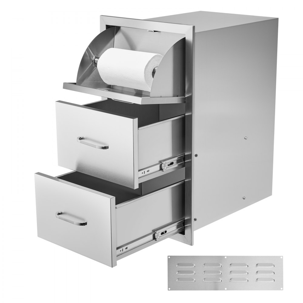 VEVOR 17W x 30H x 21D Inch Outdoor Kitchen Stainless Steel Double Access Drawers with Paper Towel Holder Combo for BBQ Island or Grill Station - 30X17YC3CBXGCTG01V0
