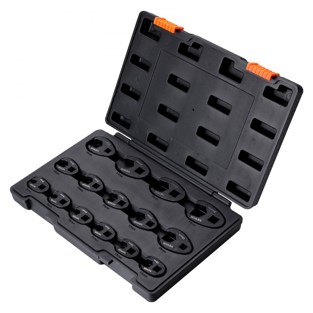 VEVOR Crowfoot Wrench Set, 1/2" and 3/8" Drive 15-Piece Crows Foot Wrench Set with PP Storage Case,  Metric 8-24 mm, CRMO Steel and  Manganese Phosphate Finish, for Mechanical Maintenance and Repairs - LBXBSTZ12380ATP4RV0