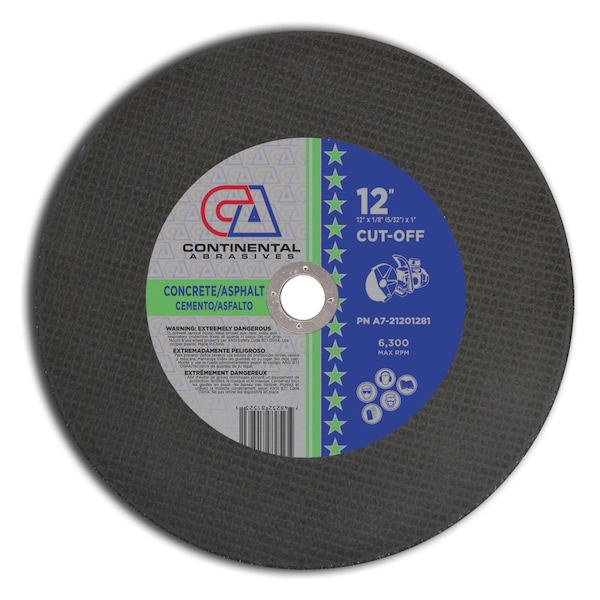 Abrasivos Continental 12" x 1/8" (5/32) x 1" Hoja de sierra abrasiva de triple refuerzo para albañilería de alta velocidad a gas o eléctrica - A7-21201281