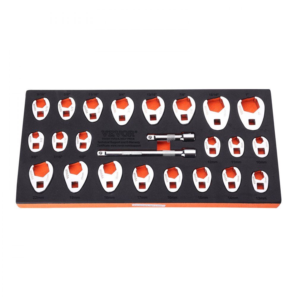 VEVOR 3/8" Drive Crowfoot Wrench Set with 2 Extension Bars, 24-Piece Crows Foot Wrench Set, SAE  3/8"-1" and Metric 10-22 mm, CR-MO Steel Crowfoot Wrench Set with EVA Tool Organizer - LBXBSTZ38000V07U3V0
