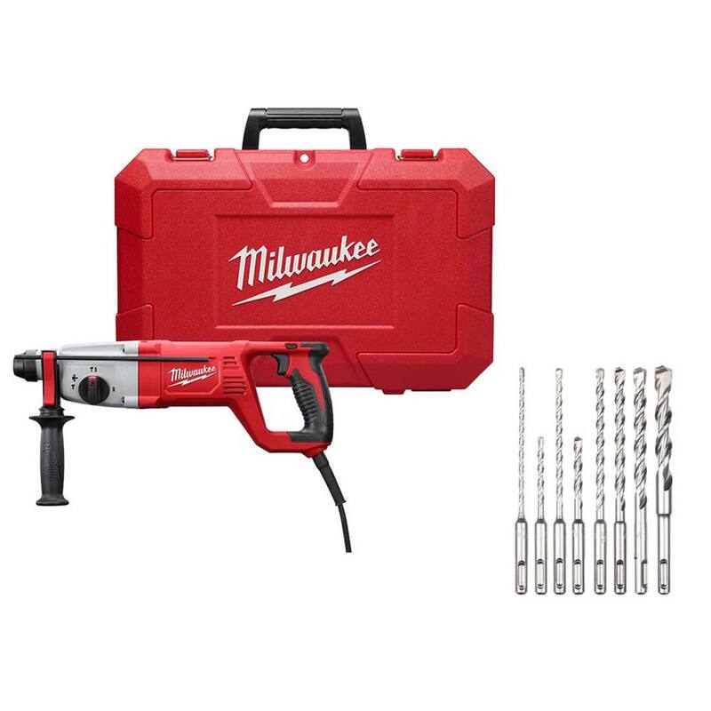 Martillo rotativo de mango en D con cable Milwaukee de 8 amperes y 1 pulgada SDS, juego de brocas de carburo de 2 cortes SDS-Plus (8 piezas) - 5262-21-48-20-7673.