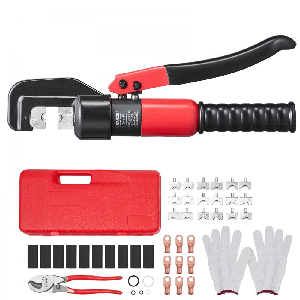 VEVOR Hydraulic Crimping Tool with 9 Sets of  Dies AWG12-2/0 Copper And Aluminum Terminal Battery Lug Crimper, with a Cutting Pliers, Gloves, 10pcs Copper Ring Connectors, 8pcs Heat Shrink Sleeves - DLYJQTLDLAWG16PK0V0