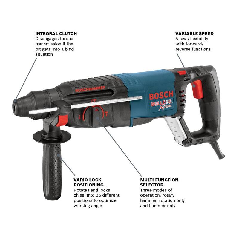 Martillo rotativo Bosch Bulldog Xtreme de 8 amperes y 1 pulgada con velocidad variable con cable SDS-Plus y taladro con martillo de concreto, con amoladora angular de 4-1/2 pulgadas gratis - 11255VSRGWS8-45