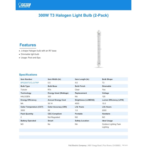 Feit Electric Feit 300 W T3 Tubular Halogen Bulb 4500 lm Warm White 2 pk - BPQ300T3/CL2TRP