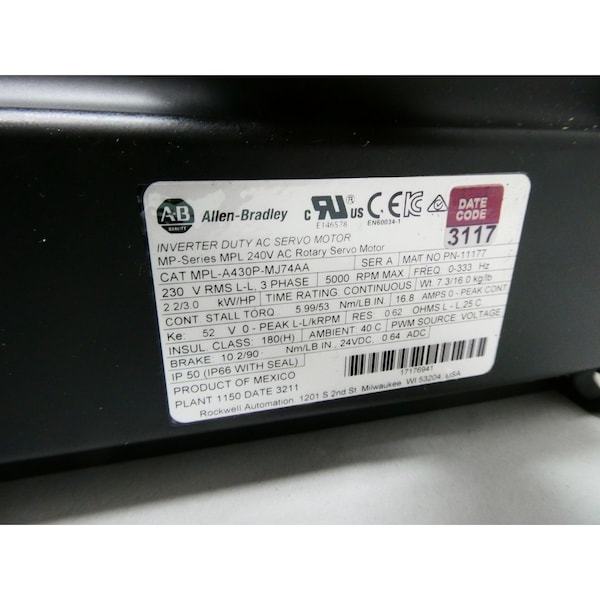 Allen Bradley 3PH 3HP 5000RPM 5.99NM 230V-AC SERVO MOTOR - MPL-A430P-MJ74AA