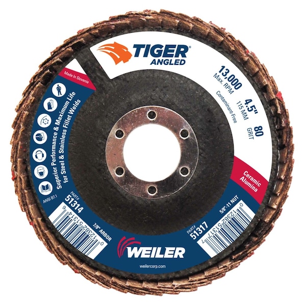 Weiler 4-1/2 Tiger Angled (Radial) Disco de Láminas Cerámicas 80C con Orificio de Arbor de 7/8 - 51314