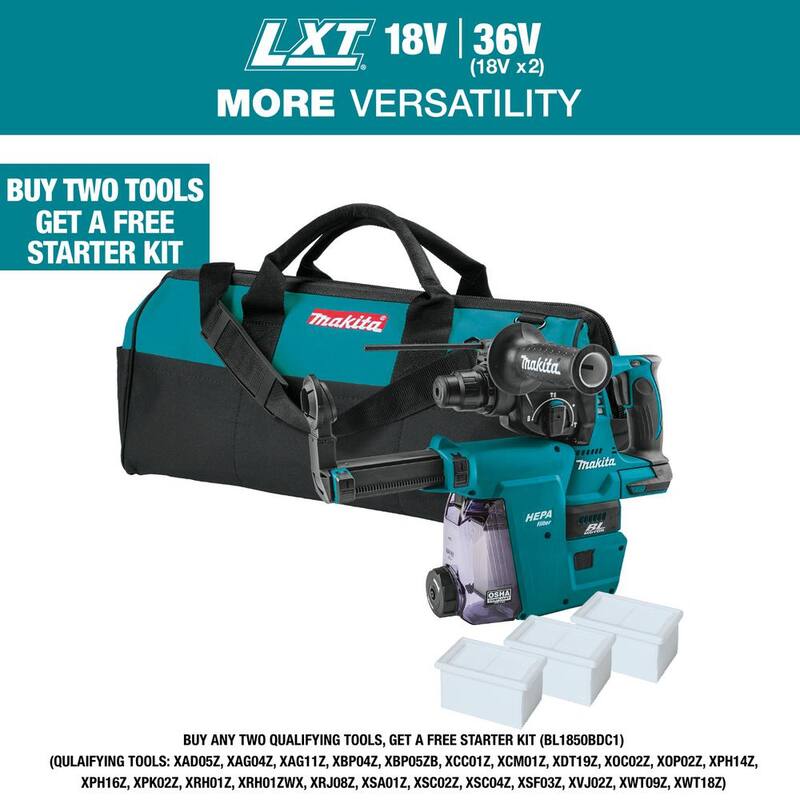 Martillo rotativo inalámbrico sin escobillas Makita 18V LXT de 1 pulgada con litio-ion, acepta SDS-PLUS, accesorio extractor de polvo HEPA (solo herramienta) - XRH01ZWX