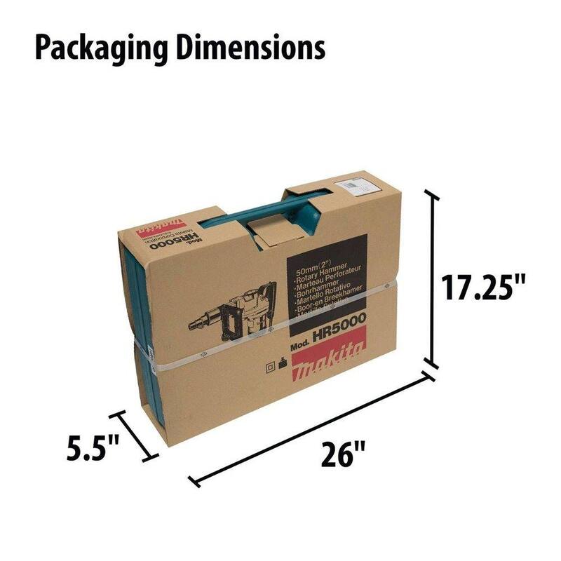 Martillo rotativo para concreto/mampostería con cable y mandril de canal de 2 pulgadas de 11 amperes de Makita con mango lateral en forma de D y estuche resistente - HR5000