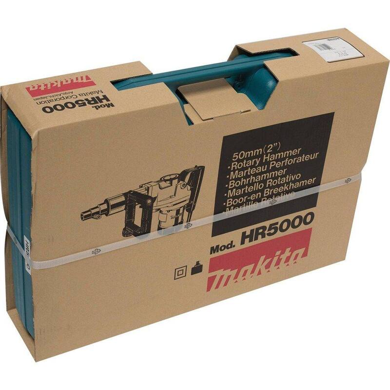 Martillo rotativo para concreto/mampostería con cable y mandril de canal de 2 pulgadas de 11 amperes de Makita con mango lateral en forma de D y estuche resistente - HR5000