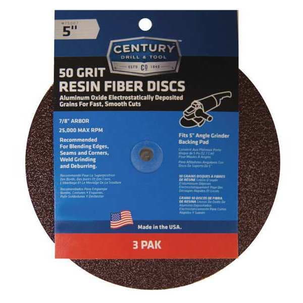 Disco de Fibra de Resina Century Drill & Tool, 5 pulgadas, 50 grano, paquete de 3 - 75007