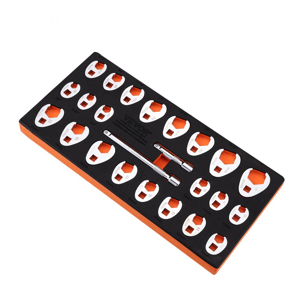 VEVOR 3/8" Drive Crowfoot Wrench Set with 2 Extension Bars, 24-Piece Crows Foot Wrench Set, SAE  3/8"-1" and Metric 10-22 mm, CR-MO Steel Crowfoot Wrench Set, with EVA Tool Organizer - LBXBSTZJT3824T2HUV0