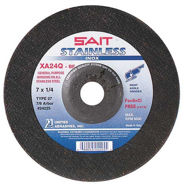 United Abrasives/Sait Depressed Center Grinding Wheel, 27, 7" de diámetro, 1/4" de grosor, tamaño de agujero de husillo de 7/8", Óxido de aluminio - 24225