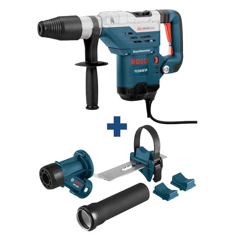 Bosch 13 Amp 1-5/8 pulgadas SDS-Max Taladro Martillo Rotativo con mango, estuche, SDS-Max adicional, Accesorio para polvo de cincelado de espigas - 11264EVS+HDC300