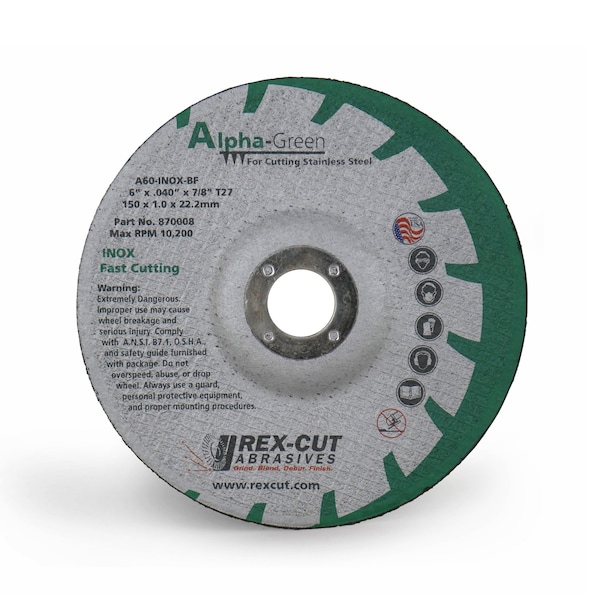 Rueda de corte Rex Cut Alpha Green de 6 pulgadas x .040 x 7/8 T27 Alpha Green - 870008
